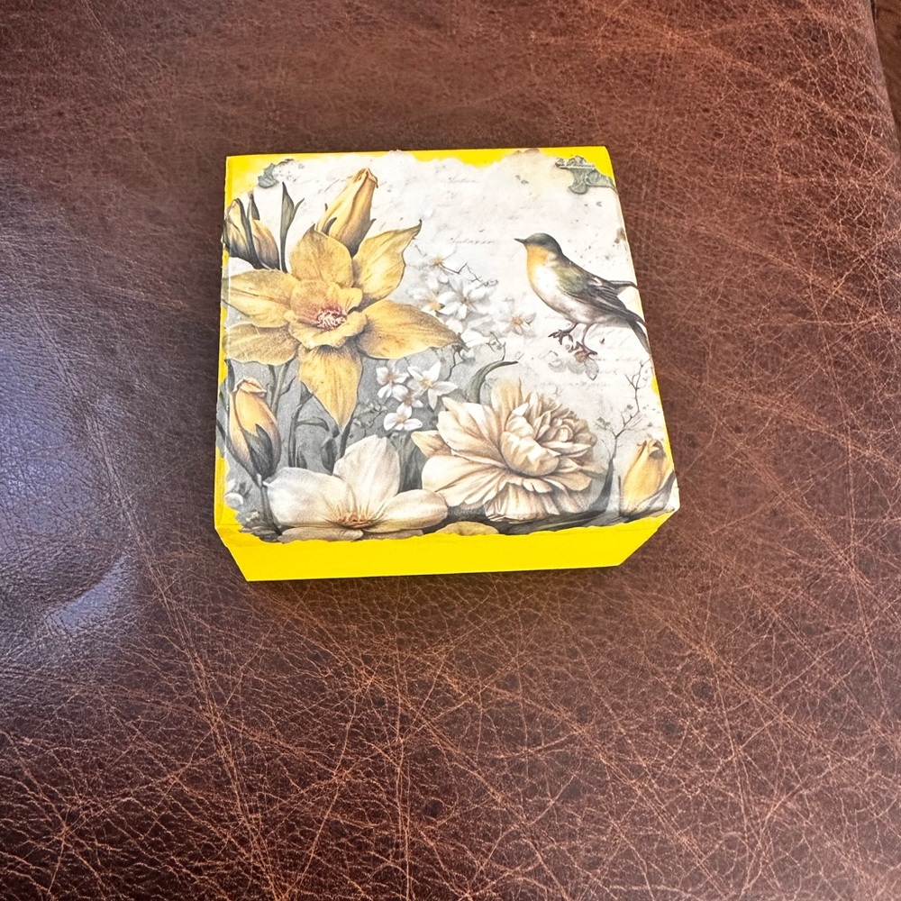 Hand Crafted Yellow Floral and Bird wooden Decor Box